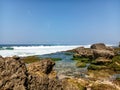 View of the beach from the edge of the ocean with the sky