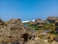 View of the beach from the edge of the ocean with the sky