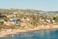 View of beach, houses and hills from Crescent Bay Point Park, in Laguna Beach, Orange County, California Royalty Free Stock Photo