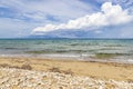 View from the beach of Katragaki beach Zakynthos on dark clouds over the Greek mainland Royalty Free Stock Photo