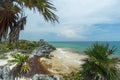 A view of the beach and ocean below the Temple of the Wind God Mayan ruins in Tulum Royalty Free Stock Photo