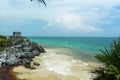 A view of the beach and ocean below the Temple of the Wind God Mayan ruins in Tulum Royalty Free Stock Photo