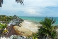 A view of the beach and ocean below the Temple of the Wind God Mayan ruins in Tulum Royalty Free Stock Photo