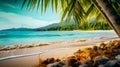 View of beach with palm tree in the foreground and the ocean in the background. Generative AI Royalty Free Stock Photo