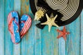 View of beach sand with beach slippers summer season vacation