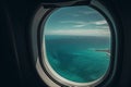 View of the beach and sea the airplane window. Travel and tourism concept. Generative AI Royalty Free Stock Photo