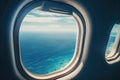 View of the beach and sea the airplane window. Travel and tourism concept. Generative AI Royalty Free Stock Photo