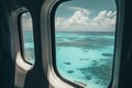 View of the beach and sea the airplane window. Travel and tourism concept. Generative AI Royalty Free Stock Photo