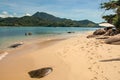 View of beach, sea and forest on sunny day in Ilha do Pelado, near Paraty