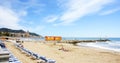 View of the beach of Sitges with church in the background Royalty Free Stock Photo
