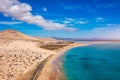 View on the beach Sotavento with golden sand and crystal sea water of amazing colors on Costa Calma on the Canary Island