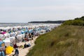 The view of the beach of Zempin on the island of Usedom with many beach chairs