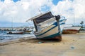 View of beached fishing boats, fishing boats moored to the pier at sea