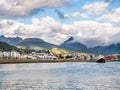 View from Beagle Channel of waterfront skyline of Ushuaia in Tie