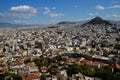 View of beautiful Athens cityscape from Acropolis seeing lowrise building architecture, Mount Lycabettus, mountain, blue sky Royalty Free Stock Photo