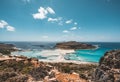 View of the beautiful beach in Balos Lagoon, and Gramvousa island on Crete, Greece. Sunny day, blue Sky with clouds. Royalty Free Stock Photo