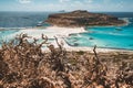 View of the beautiful beach in Balos Lagoon, and Gramvousa island on Crete, Greece. Sunny day, blue Sky with clouds. Royalty Free Stock Photo