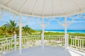 Varadero beach in Cuba seen from the windows of a white seaside wooden pavilion