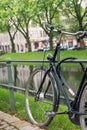 bicycles parked on bridge in front