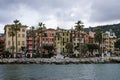 View of a beautiful city on the mediterranean coast with cloudy skies. Monument to Christopher Columbus: SANTA MARGHERITA LIGURE,