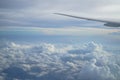 View of beautiful cloudscape with shades of blue sky background from flying plane window with airplane wing Royalty Free Stock Photo