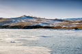 View of beautiful drawings on ice from cracks and bubbles of deep gas on surface of Baikal lake in winter, Russia Royalty Free Stock Photo