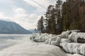 View of beautiful drawings on ice from cracks on the surface of lake Teletskoye in winter, Russia