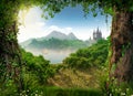 View through a beautiful enchanting fairy tale woodland onto a castle and a sailing ship Royalty Free Stock Photo