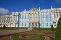 View of the beautiful exterior of Catherine Palace and the gardens. Catherines Palace is a Rococo palace in St. Petersburg, Russia Royalty Free Stock Photo