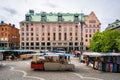 View of the beautiful and famous Haymarket square HÃÂ¶torget with stands, buildings in Stockholm.