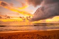 View of Beautiful glorious golden sunset and golden hour above the sea in evening