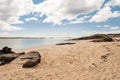 View on beautiful Gurteen beach, county Galway, Ireland. Warm sunny day. Cloudy sky. Blue ocean and white sand. People footprints Royalty Free Stock Photo