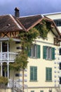 View of the beautiful half-timbered building. Municipality of Flums, canton of St. Gallen, Switzerland