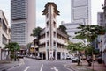 View of beautiful heritage building surrounded by modern high rise architecture in Singapore