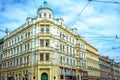 View of beautiful historic building facade in Prague downtown. Royalty Free Stock Photo