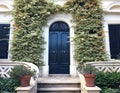 View of a Beautiful House Exterior and Front Door Seen. There are windows on either side of the door, plants on the wall