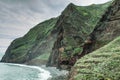 View of beautiful mountains and ocean on northern coast near Boaventura, Madeira island, Portugal