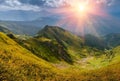 View of beautiful mountains panoramic landscape of a rocky cliffs and green hills. Royalty Free Stock Photo