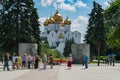 Yaroslavl, Russia, July 4, 2023. Monument to the fallen defenders of the city and view of the Assumption Cathedral.