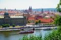 View of beautiful Prague with Vltava and amazing buildings with red roofs.