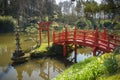 View on a beautiful red bridge in a park Royalty Free Stock Photo