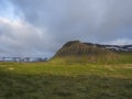 View on beautiful snow covered cliffs mountain and hills in Fljotavik cove, Hornstrandir, west fjords, Iceland,