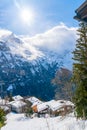 View of beautiful snow covered house at Murren mountain village Royalty Free Stock Photo