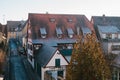 View of a beautiful street with traditional German houses in Rothenburg ob der Tauber in Germany. European city. Royalty Free Stock Photo