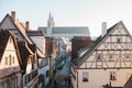 View of a beautiful street with traditional German houses in Rothenburg ob der Tauber in Germany. European city. Royalty Free Stock Photo