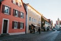 View of a beautiful street with traditional German houses in Rothenburg ob der Tauber in Germany. European city. Royalty Free Stock Photo