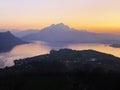 A view of the beautiful sunset over the lakes Lucerne VierwaldstÃÂ¤ttersee and KÃÂ¼ssnachtersee lake from the Rigi Mountain Royalty Free Stock Photo