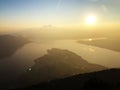 A view of the beautiful sunset over the lakes Lucerne VierwaldstÃÂ¤ttersee and KÃÂ¼ssnachtersee lake from the Rigi Mountain Royalty Free Stock Photo