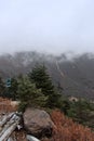 View of beautiful Teesta valley from Valley View Point at Ruelak, Lachung with snowfall and haze. It is a famous tourist place in