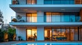 View of a beautiful terrace in a multi-storey apartment building. Sunset lighting, warm light